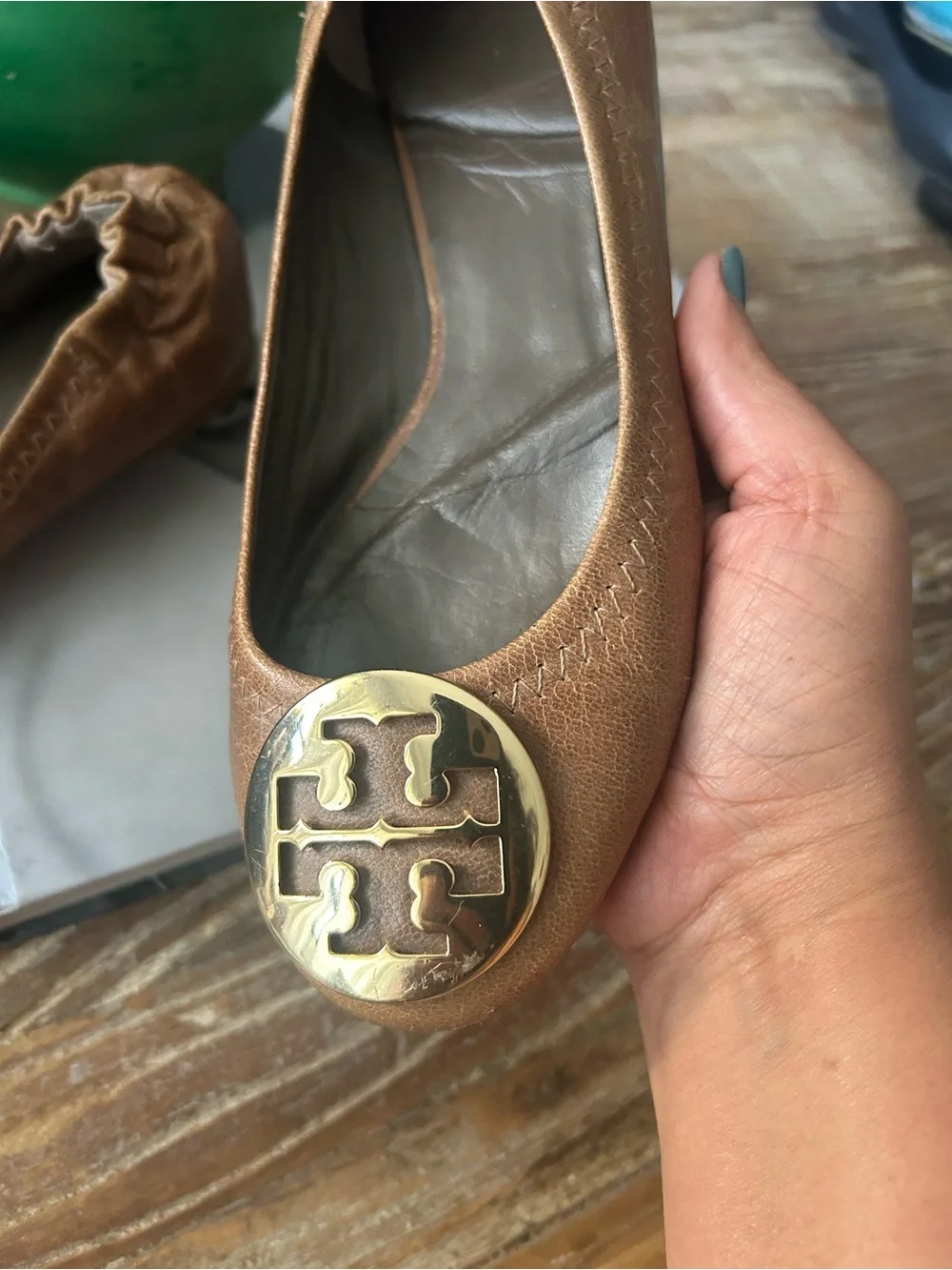 Tory Burch Tan Leather Logo Ballet Flats with Gold Medallions